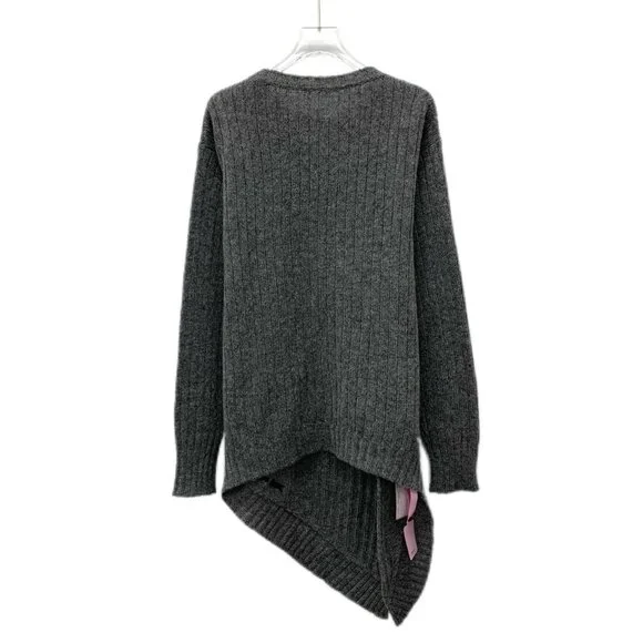 DW0605 MiuMiu Dark Grey Sheep Wool Round Neck Long Sleeve Irregular Knit Sweater